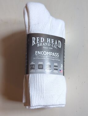 New Red Head Encompass White Men's Crew Socks - 3 Pack